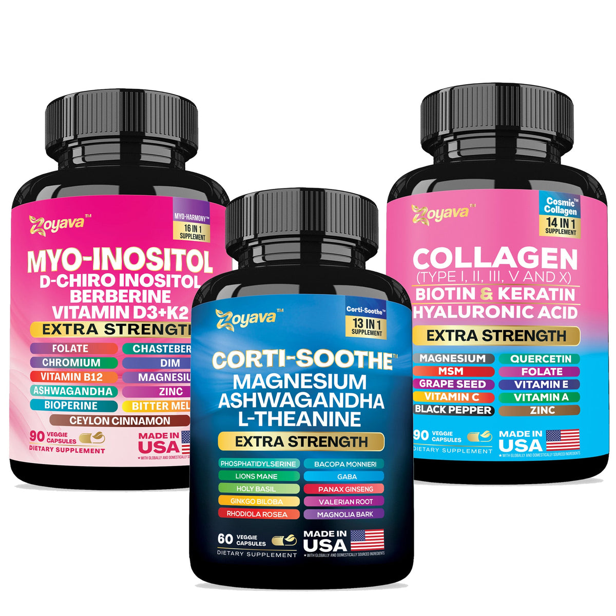 She Shines Set - Zoyava Ultimate Women's All-in-One Supplement with Corti-Soothe, Myo-Inositol, Collagen & Extra Strength Ingredients