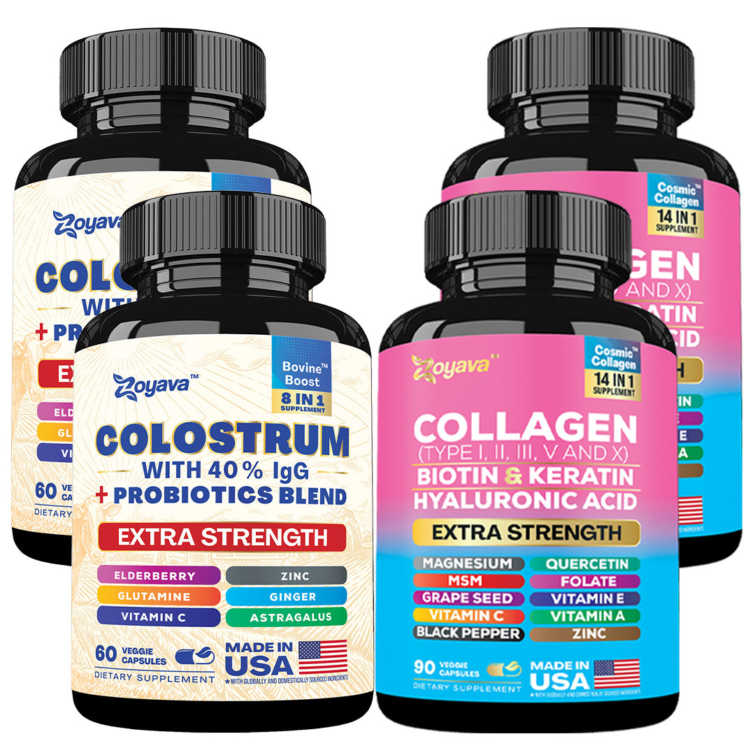 Radiant Vitality Duo: Highly Potent Bovine Colostrum Capsules (5250MG) & Cosmic Collagen Beauty Complex (64,000MCG)