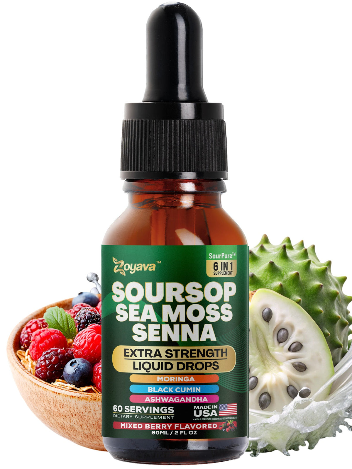 Zoyava Soursop Flavored Drops - All-in-One Supplement of SourPure Blend with Sea Moss, Senna Leaf Extract, and 6+ Extra Strength Ingredients - Made in USA - 60mL