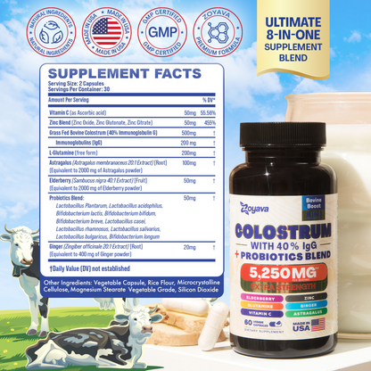 Highly Potent Bovine Colostrum Capsules - 5250 MG with 40% IgG & Probiotics for Immunity, Gut Health, and General Wellness
