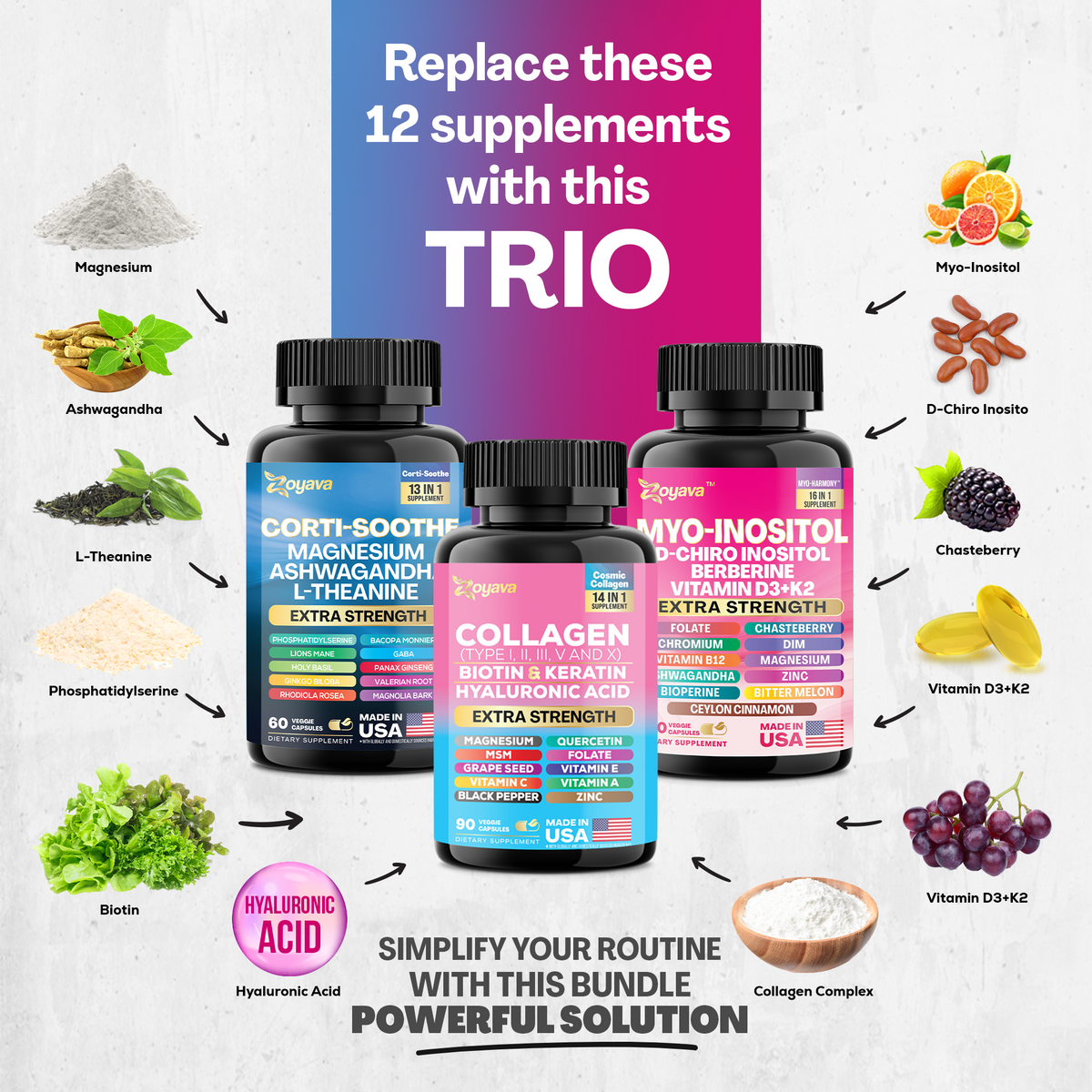 She Shines Set - Zoyava Ultimate Women's All-in-One Supplement with Corti-Soothe, Myo-Inositol, Collagen & Extra Strength Ingredients