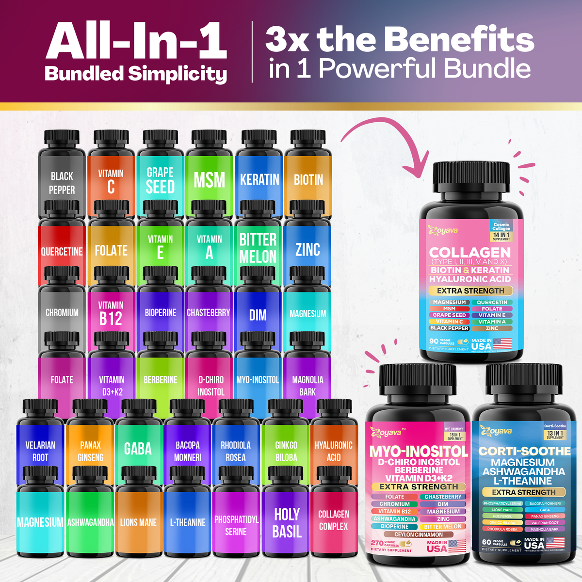 She Shines Set - Zoyava Ultimate Women's All-in-One Supplement with Corti-Soothe, Myo-Inositol, Collagen & Extra Strength Ingredients