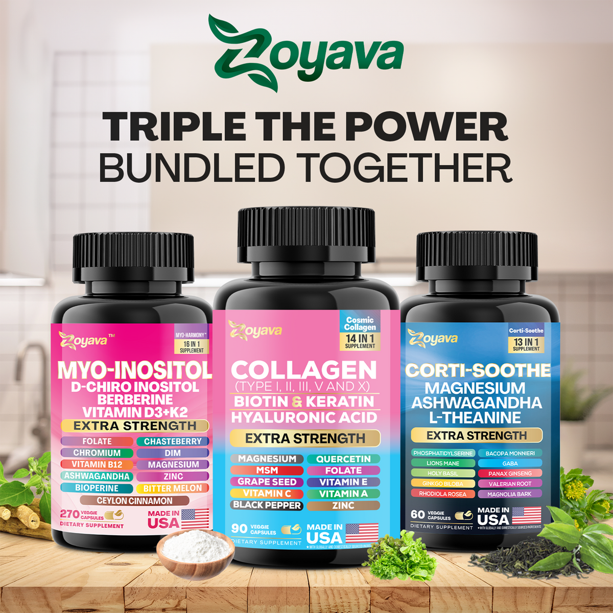 She Shines Set - Zoyava Ultimate Women's All-in-One Supplement with Corti-Soothe, Myo-Inositol, Collagen & Extra Strength Ingredients