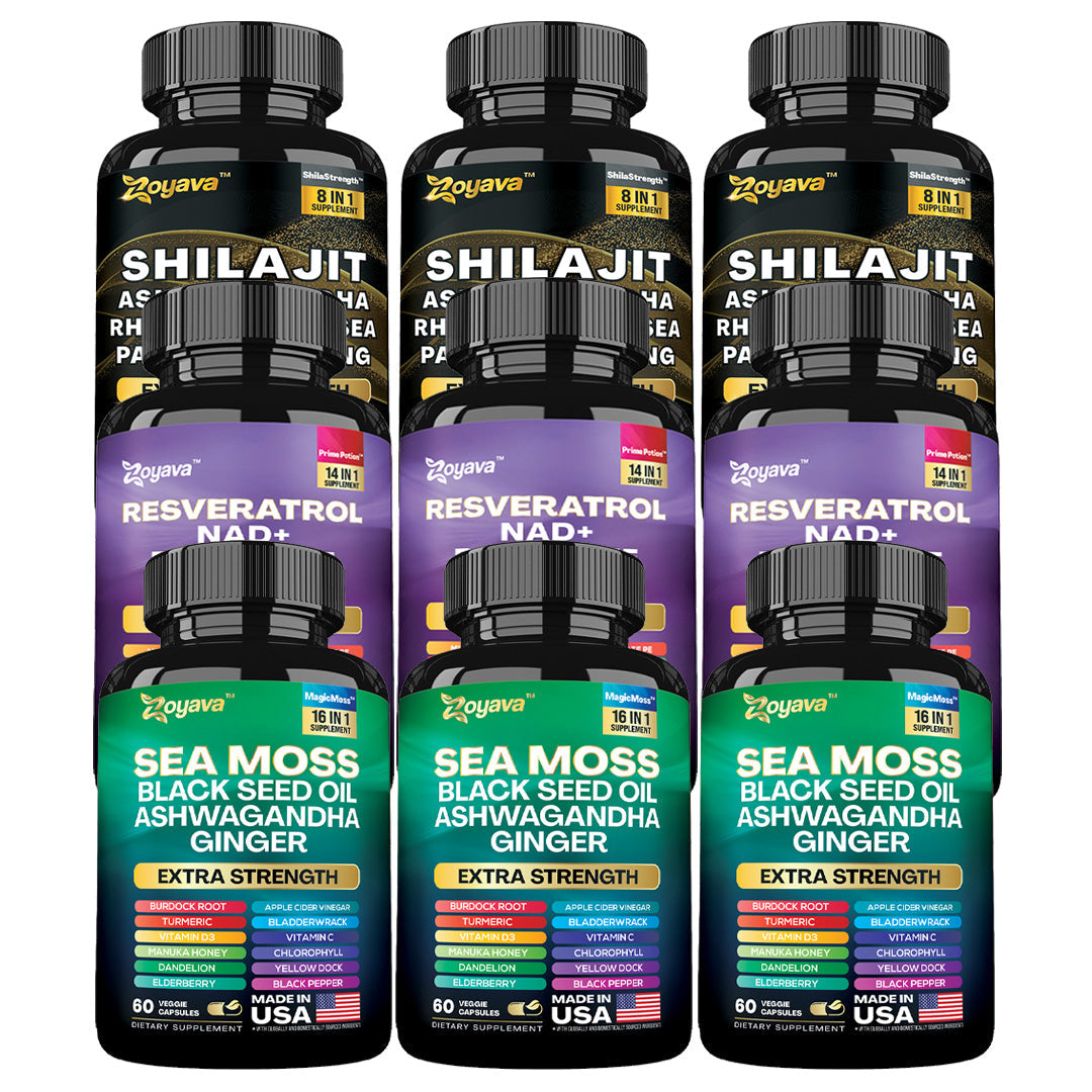 Elevate Your Vitality Trio: Resveratrol, Sea Moss 16-in-1 Magic Moss Super Blend, and Shilajit Power ShilaStrength Blend