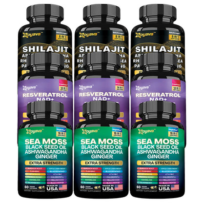 Elevate Your Vitality Trio: Resveratrol, Sea Moss 16-in-1 Magic Moss Super Blend, and Shilajit Power ShilaStrength Blend