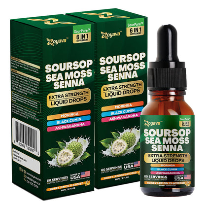 Zoyava Soursop Flavored Drops - All-in-One Supplement of SourPure Blend with Sea Moss, Senna Leaf Extract, and 6+ Extra Strength Ingredients - Made in USA - 60mL