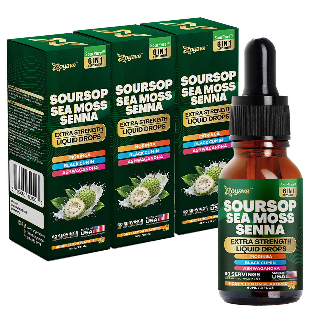 Zoyava Soursop Flavored Drops - All-in-One Supplement of SourPure Blend with Sea Moss, Senna Leaf Extract, and 6+ Extra Strength Ingredients - Made in USA - 60mL