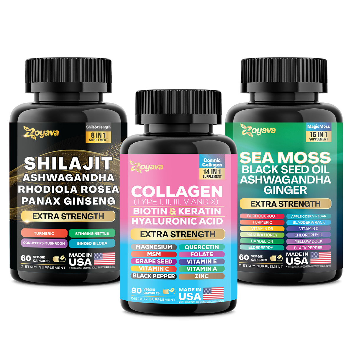 Vitality & Radiance Trio: Sea Moss Magic, Shilajit Power, & Cosmic Collagen Complex