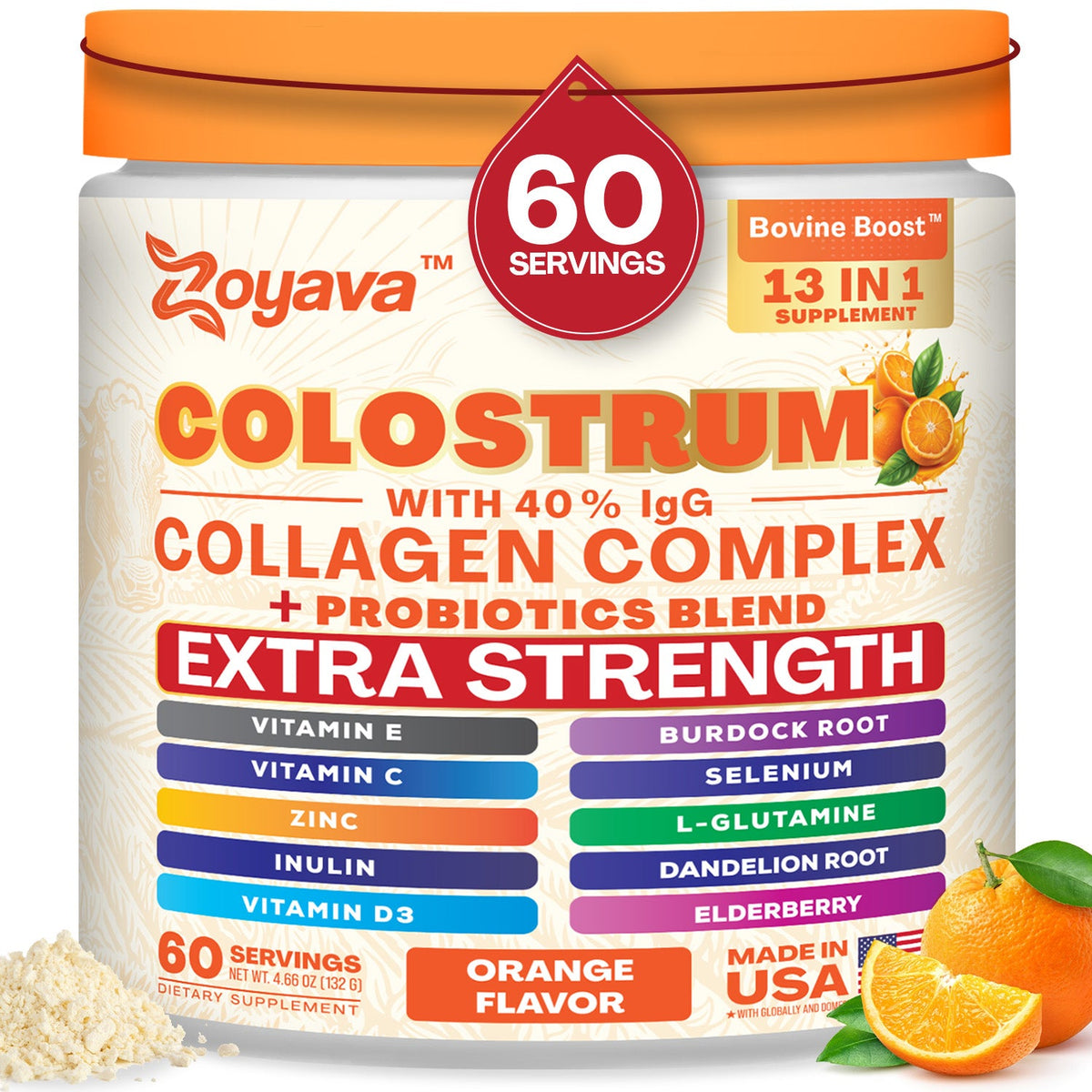 Zoyava Colostrum Powder – 40% IgG, 13-in-1 Extra Strength Formula with Collagen, Probiotics & Immune Support