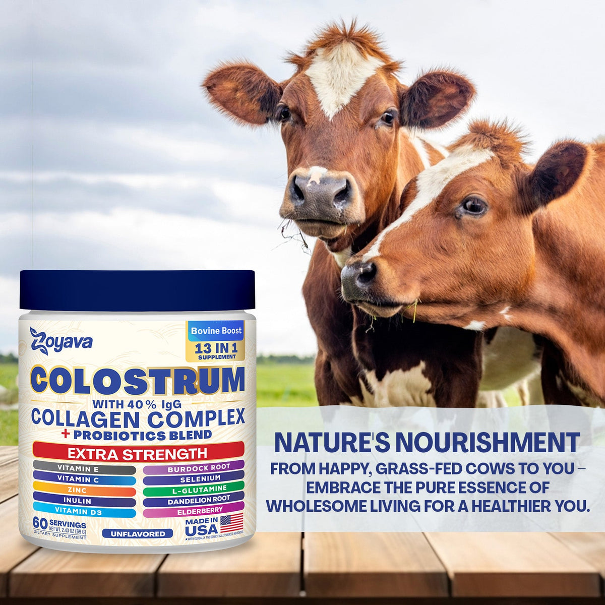 Zoyava Colostrum Powder – 40% IgG, 13-in-1 Extra Strength Formula with Collagen, Probiotics & Immune Support