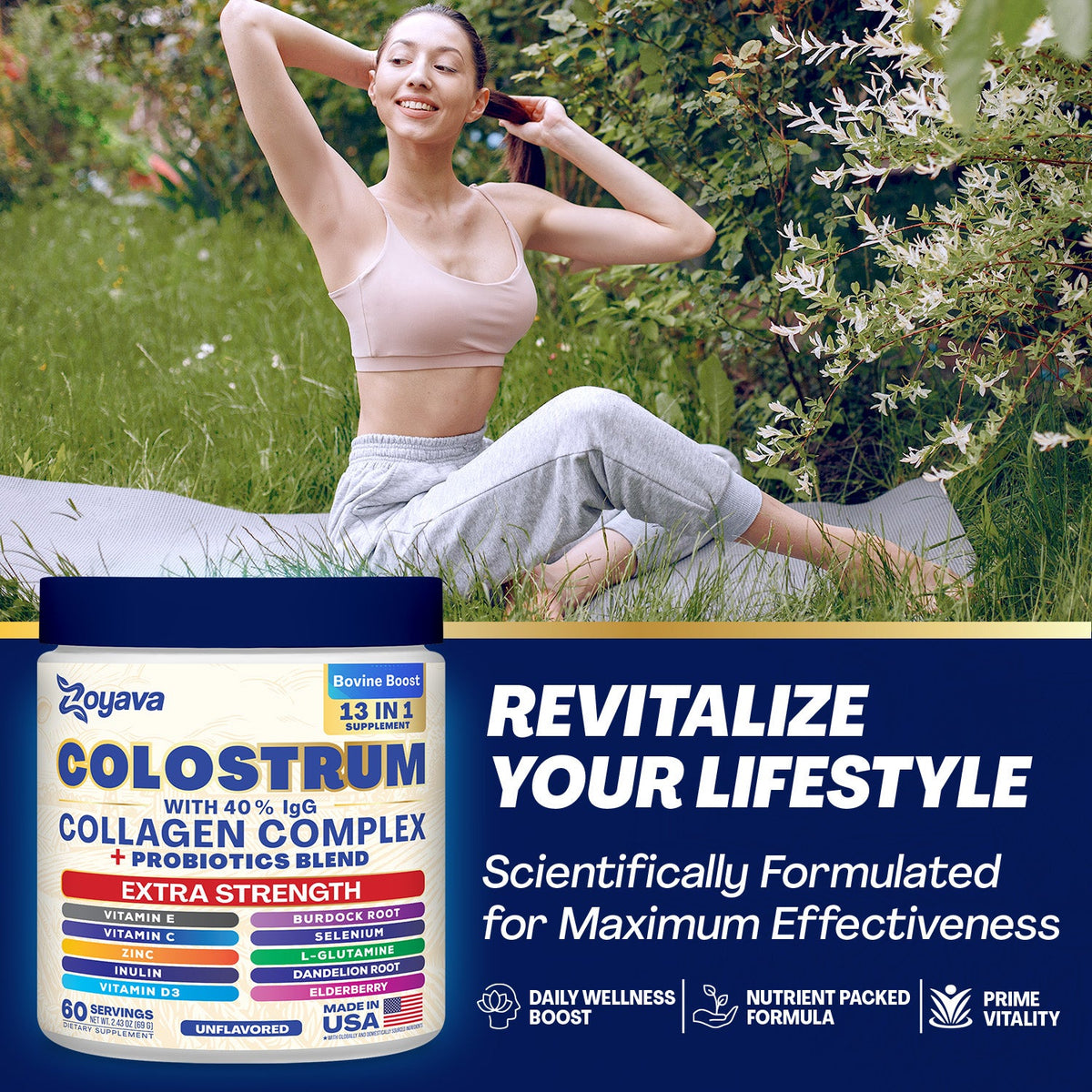 Zoyava Colostrum Powder – 40% IgG, 13-in-1 Extra Strength Formula with Collagen, Probiotics & Immune Support