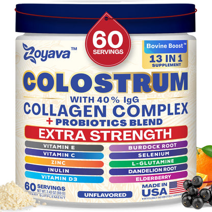 Zoyava Colostrum Powder – 40% IgG, 13-in-1 Extra Strength Formula with Collagen, Probiotics & Immune Support