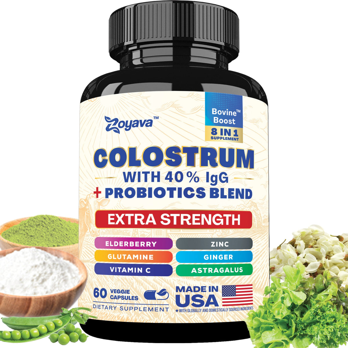 Highly Potent Bovine Colostrum Capsules - 5250 MG with 40% IgG & Probiotics for Immunity, Gut Health, and General Wellness