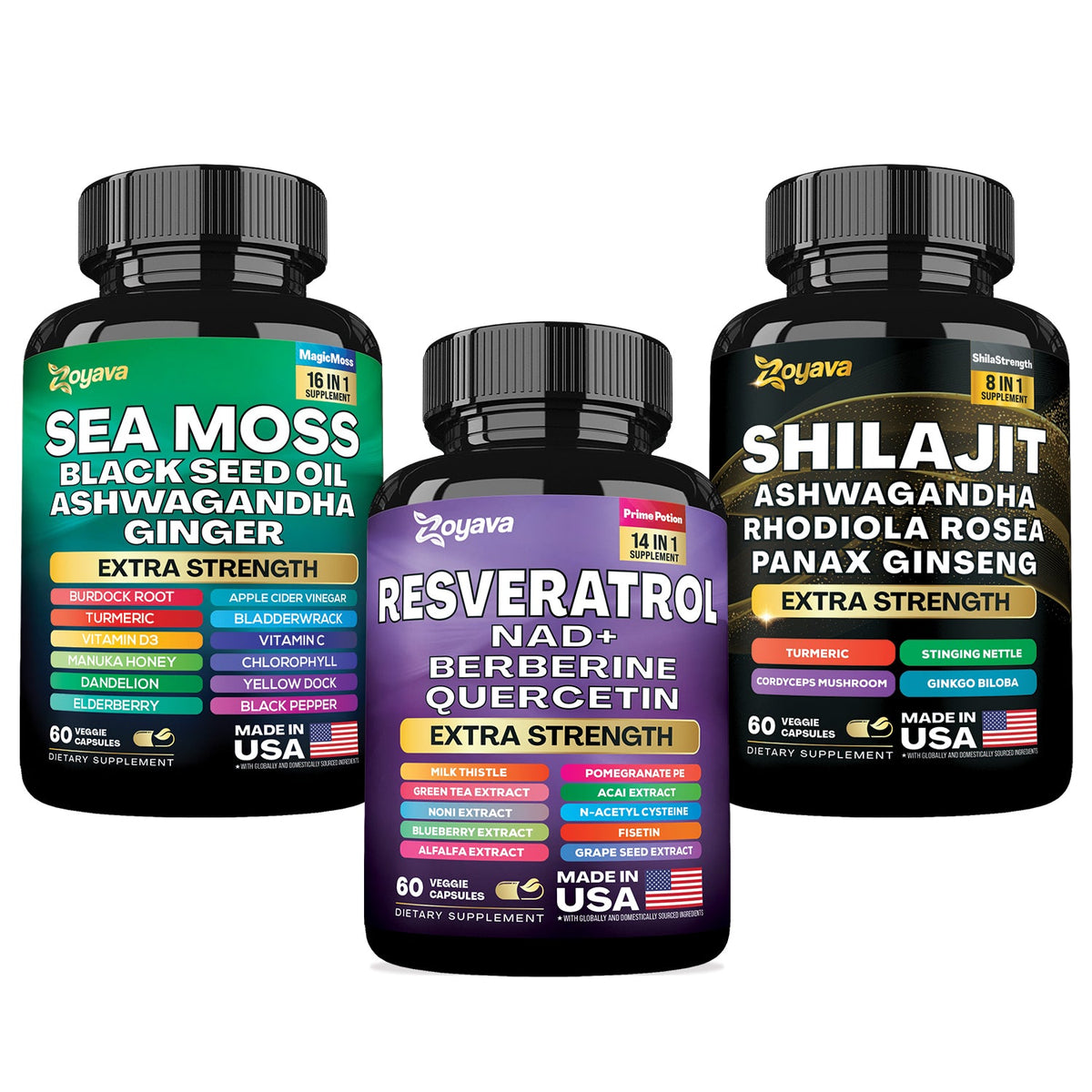 Elevate Your Vitality Trio: Resveratrol, Sea Moss 16-in-1 Magic Moss Super Blend, and Shilajit Power ShilaStrength Blend