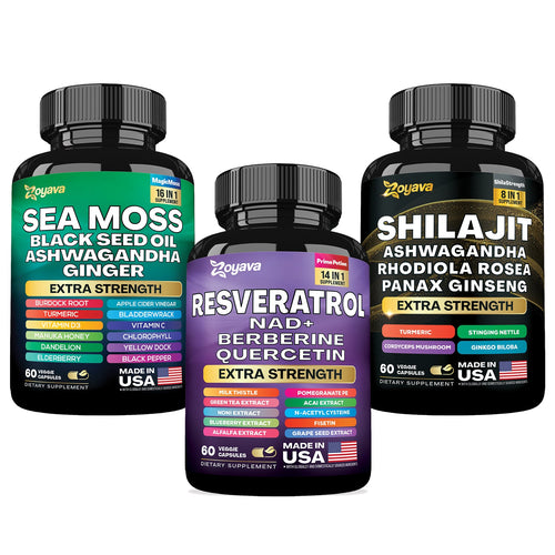 Elevate Your Vitality Trio: Resveratrol, Sea Moss 16-in-1 Magic Moss Super Blend, and Shilajit Power ShilaStrength Blend