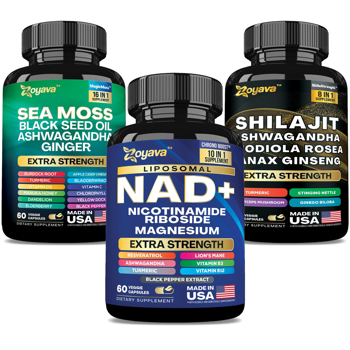 Vital Edge Set – Zoyava Men’s Peak Performance Trio with Shilajit, Sea Moss, NAD+ & Powerful Botanicals for Strength, Focus & Longevity