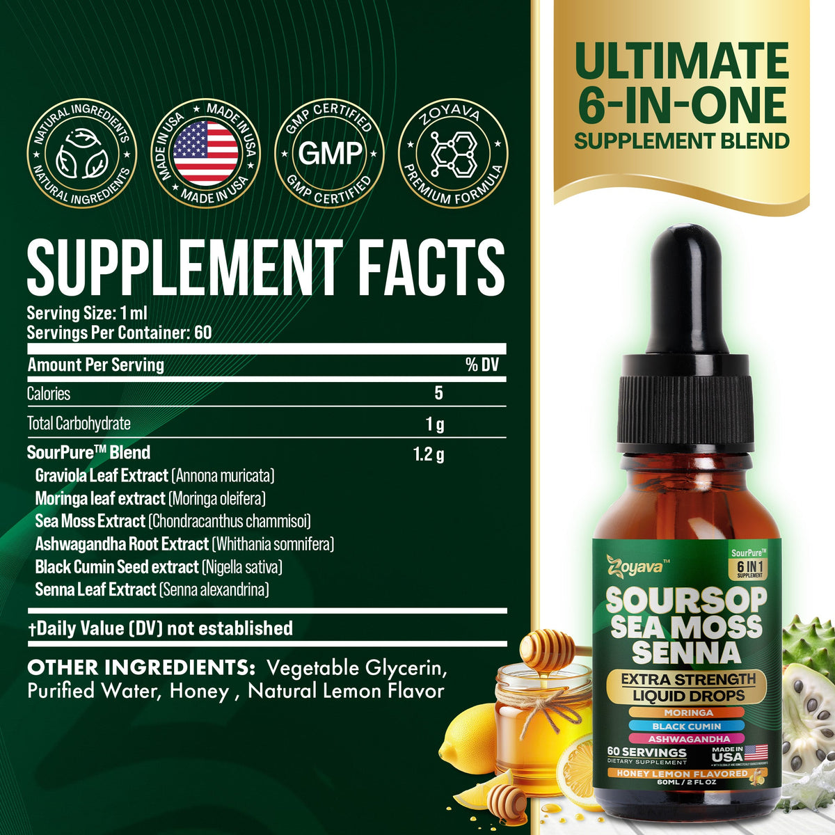 Zoyava Soursop Flavored Drops - All-in-One Supplement of SourPure Blend with Sea Moss, Senna Leaf Extract, and 6+ Extra Strength Ingredients - Made in USA - 60mL