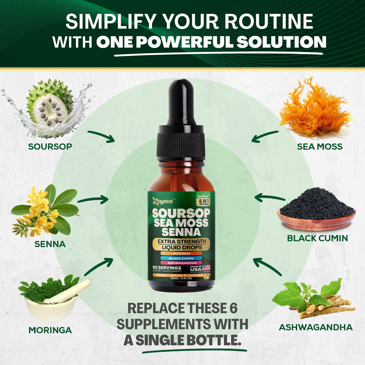 Zoyava Soursop Flavored Drops - All-in-One Supplement of SourPure Blend with Sea Moss, Senna Leaf Extract, and 6+ Extra Strength Ingredients - Made in USA - 60mL