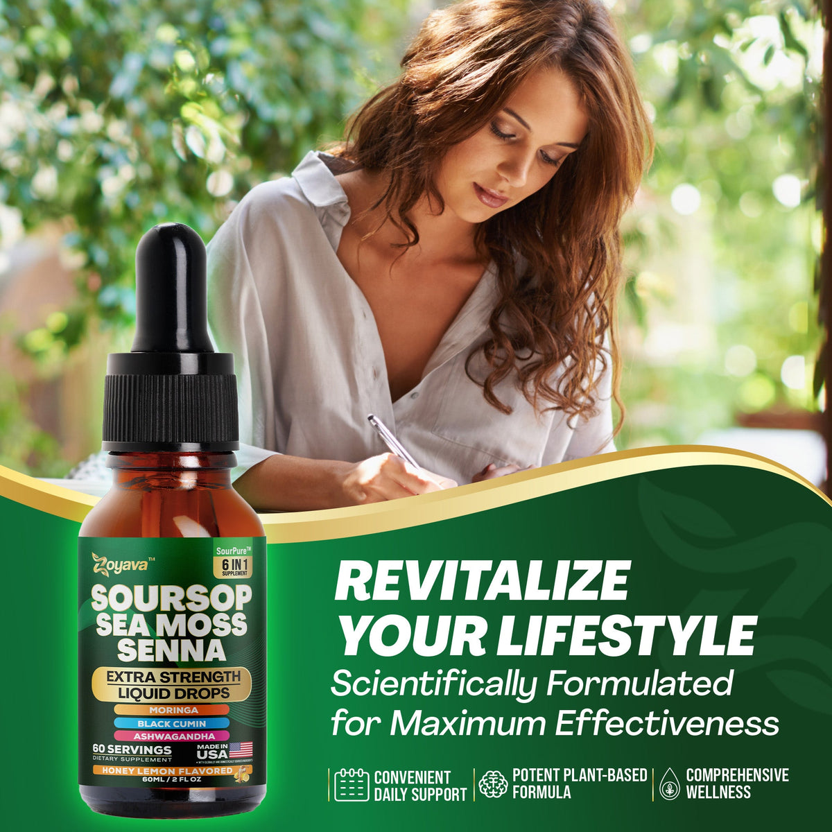 Zoyava Soursop Flavored Drops - All-in-One Supplement of SourPure Blend with Sea Moss, Senna Leaf Extract, and 6+ Extra Strength Ingredients - Made in USA - 60mL
