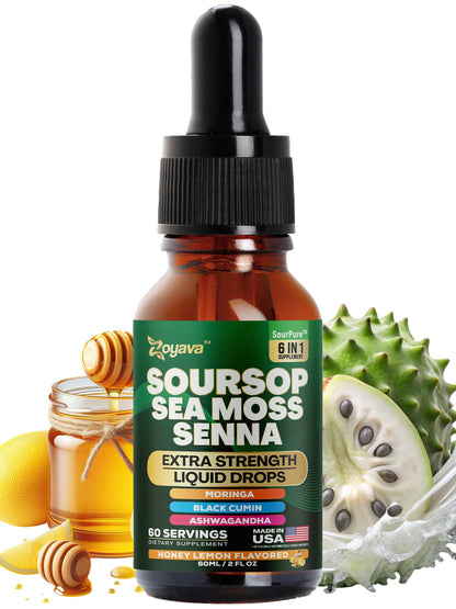 Zoyava Soursop Flavored Drops - All-in-One Supplement of SourPure Blend with Sea Moss, Senna Leaf Extract, and 6+ Extra Strength Ingredients - Made in USA - 60mL